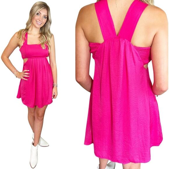 davi & dani Dresses & Skirts - Hot Pink Mini Dress Pocket Washed Satin Cutout Skirt Bandeau | Davi & Dani